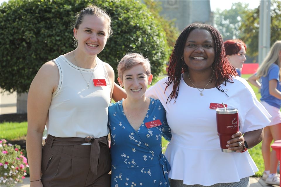 Ms. Carton welcoming new students to campus alongside Director of College Counseling, Dr. Ashley L. Bennett, and Sara Lee Schupf Family Chair in Curriculum Excellence And Innovation, Megan Labbate!